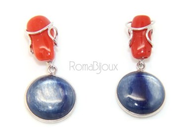 NLB|Orecchini in Argento 925 con corallo verace rosso naturale e disco di cianite blu.