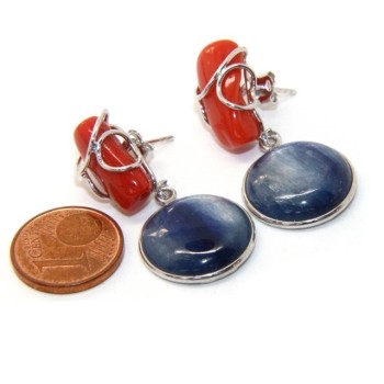 NLB|925 Sterling silver earrings with natural red coral and blue cyanite disc.