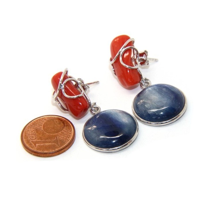 NLB|Orecchini in Argento 925 con corallo verace rosso naturale e disco di cianite blu.