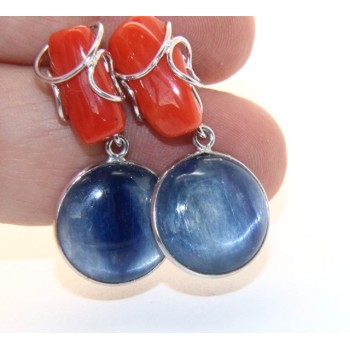 NLB|925 Sterling silver earrings with natural red coral and blue cyanite disc.