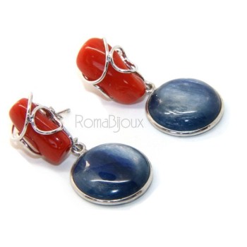 NLB|925 Sterling silver earrings with natural red coral and blue cyanite disc.