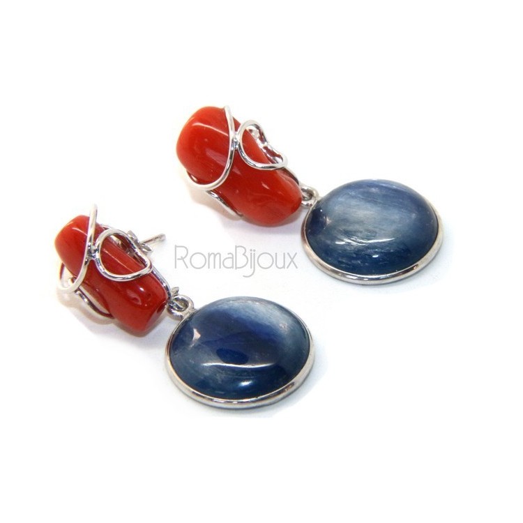 NLB|925 Sterling silver earrings with natural red coral and blue cyanite disc.