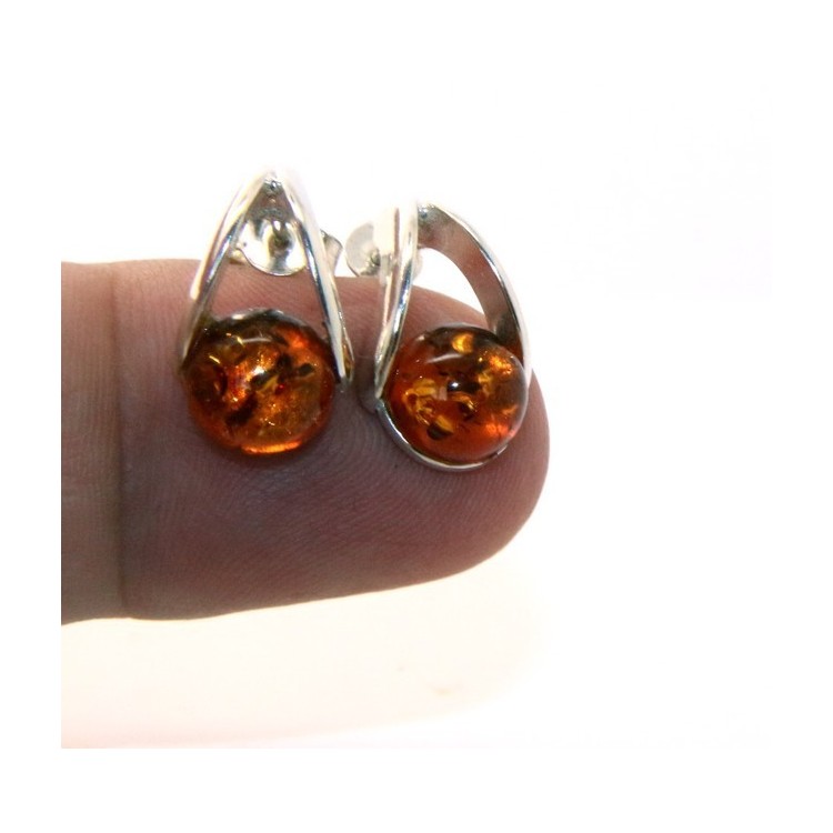 NLB|Earrings in 925 Sterling Silver with half pearl carbochon of amber colored cognac