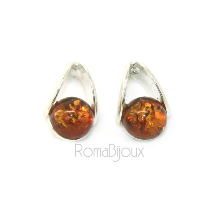NLB|Earrings in 925 Sterling Silver with half pearl carbochon of amber colored cognac