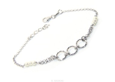 NLB|Bracciale uomo donna ragazzo Argento 925 lavorazione a rosario perle bianco con cerchi diamantati 16,50-19,50 cm