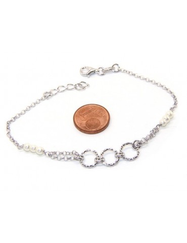 Bracciale uomo donna ragazzo Argento 925 lavorazione a rosario perle bianco con cerchi diamantati 16,50-19,50 cm