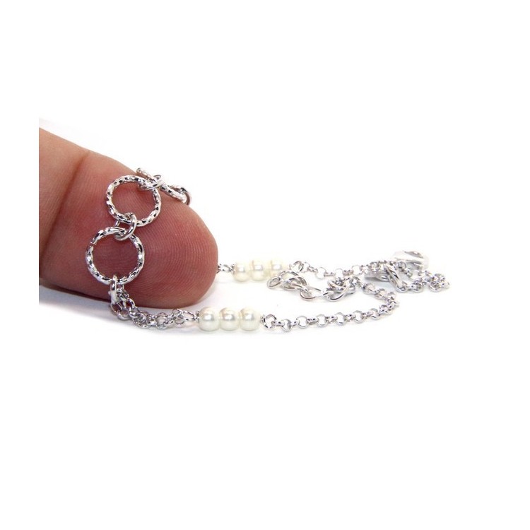 NLB|Bracciale uomo donna ragazzo Argento 925 lavorazione a rosario perle bianco con cerchi diamantati 16,50-19,50 cm
