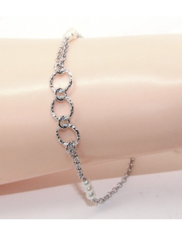 Bracciale uomo donna ragazzo Argento 925 lavorazione a rosario perle bianco con cerchi diamantati 16,50-19,50 cm