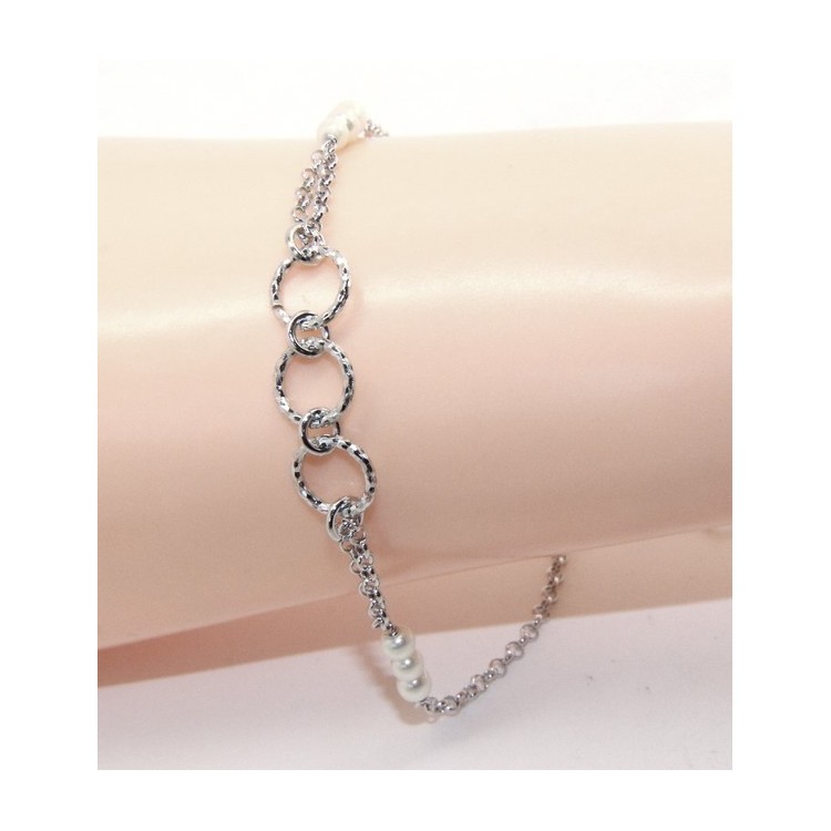 NLB|Men's Bracelet Men's Boy Silver 925 Rosary Handmade White Pearls With Diamond Circles 16.50-19.50 cm