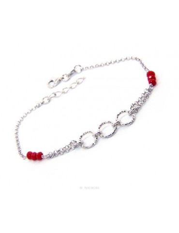 Bracciale uomo donna ragazzo Argento 925 lavorazione a rosario cristallo rosso con cerchi diamantati 16,50-19,50 cm