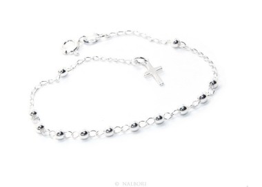 NLB|Bracciale uomo donna ragazzo Argento 925 rosario palline 3 mm semplice croce latina cm 17,00
