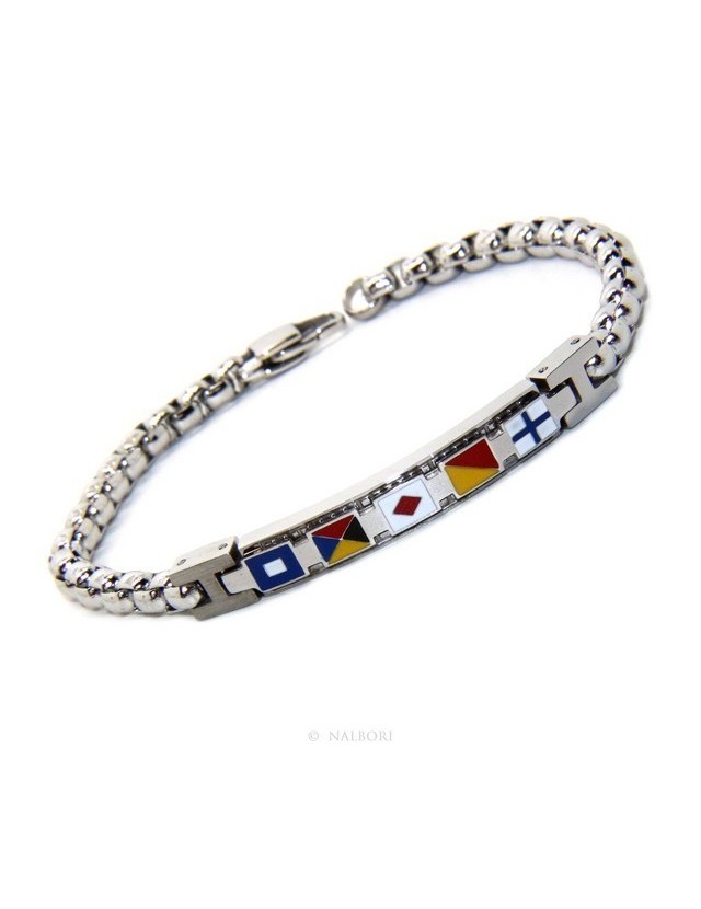 NALBORI Bracciale uomo acciaio cromato anallergico bullonato targa con bandiere smaltate 19,50 cm NALBORI Bracciale uomo acciaio cromato anallergico bullonato targa con bandiere smaltate 19,50 cm