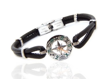 NLB|Bracciale Acciaio e simil pelle uomo anallergico disco smaltato zodiaco segni zodiacali 19 cm