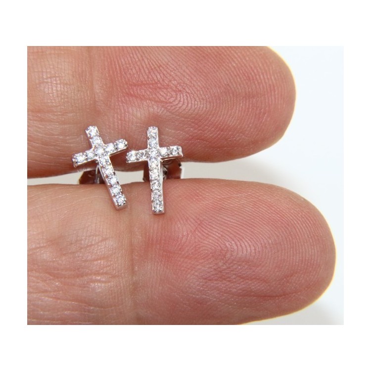 NLB|Silver 925: man / woman earrings light cross pendant white zircon 11x7.5 mm