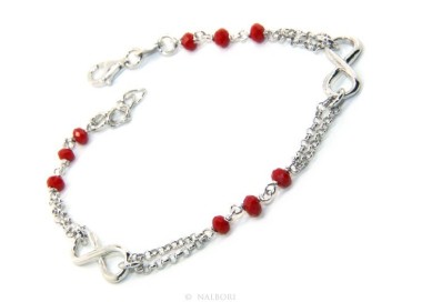NLB|Bracciale uomo donna Argento 925 lavorazione a rosario cristallo rosso con infinito 15,50-18,00 cm