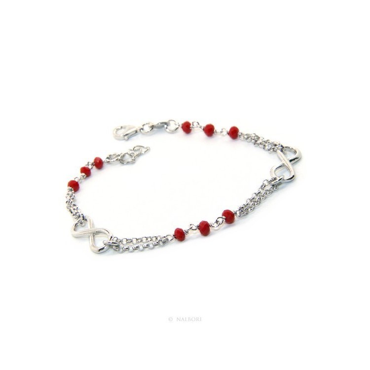 NLB|Bracciale uomo donna Argento 925 lavorazione a rosario cristallo rosso con infinito 15,50-18,00 cm