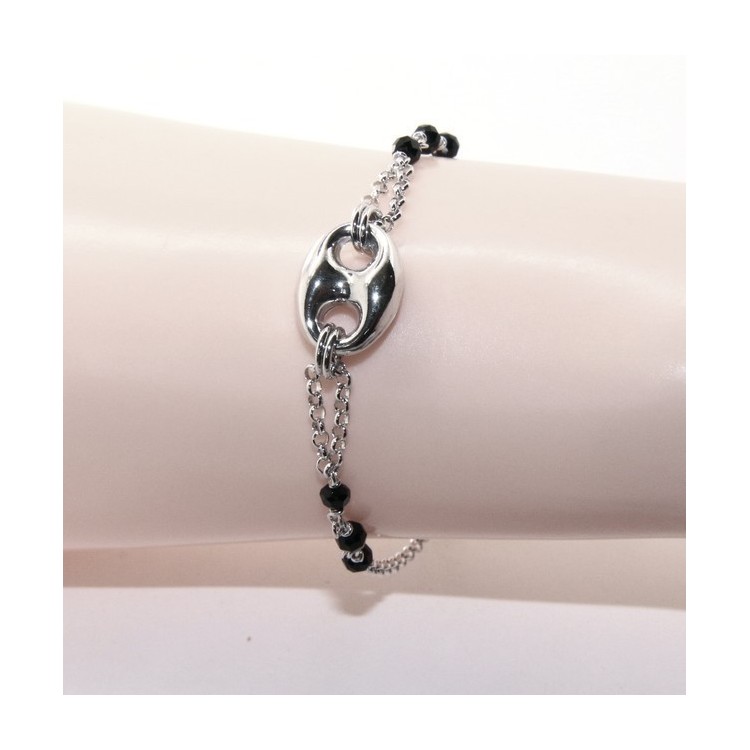 NLB|Bracciale uomo donna ragazzo Argento 925 lavorazione a rosario cristallo nero con maglia marina bombata 15,00-18,00 cm
