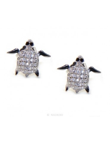 Silver Turtle Earrings With Pavilion Microsetting Of Small White Zirconia Brilliant Cut