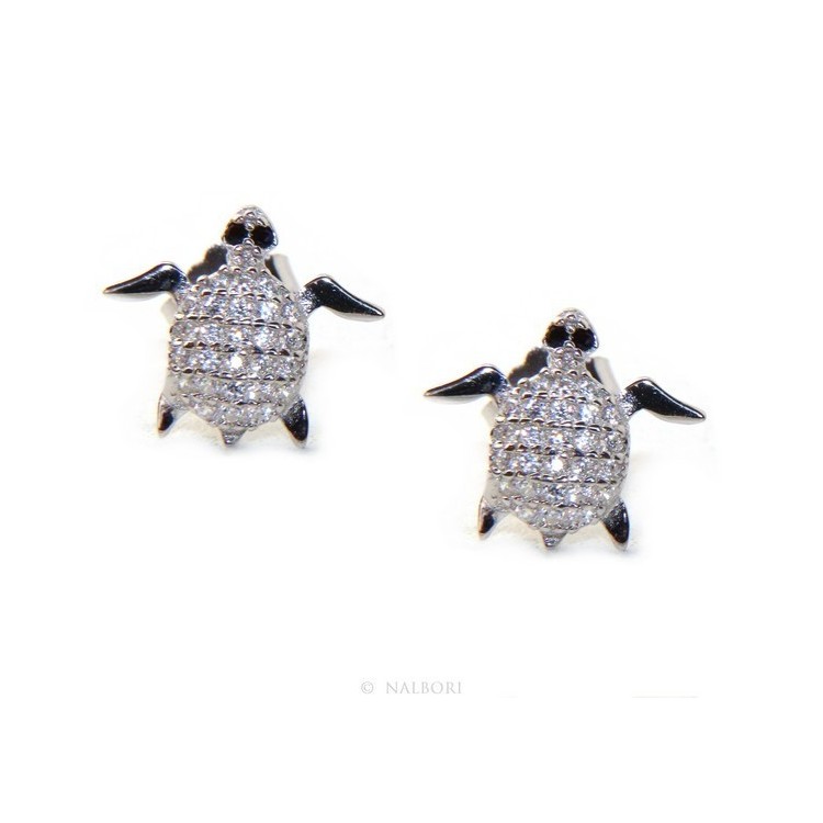 NLB|Silver Turtle Earrings With Pavilion Microsetting Of Small White Zirconia Brilliant Cut