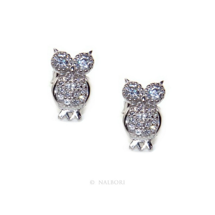 NLB|Women's 925 silver owl-shaped owl earrings with white zircons pave