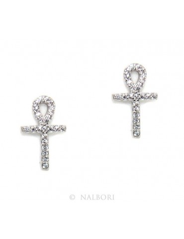Orecchini per donna croce egizia chiave della vita in argento 925 con pietre zirconia cubica colore bianco
