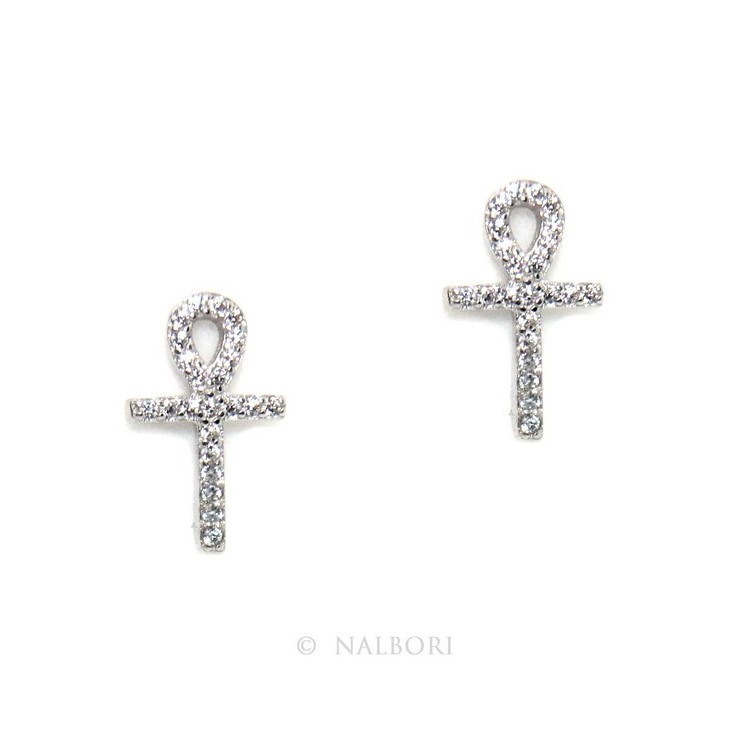 NLB|Orecchini per donna croce egizia chiave della vita in argento 925 con pietre zirconia cubica colore bianco