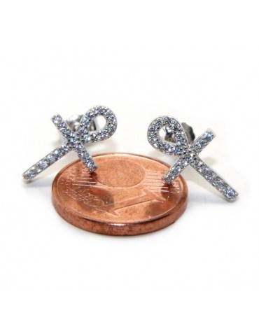 Earrings for women Egyptian key cross of life in 925 silver with white cubic zirconia stones