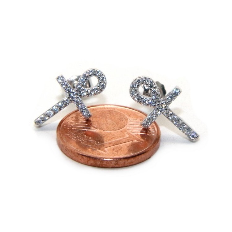 NLB|Orecchini per donna croce egizia chiave della vita in argento 925 con pietre zirconia cubica colore bianco