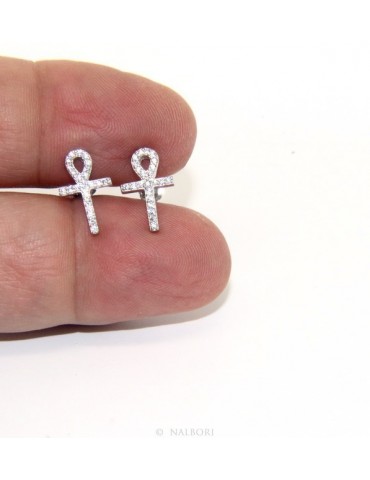 Orecchini per donna croce egizia chiave della vita in argento 925 con pietre zirconia cubica colore bianco