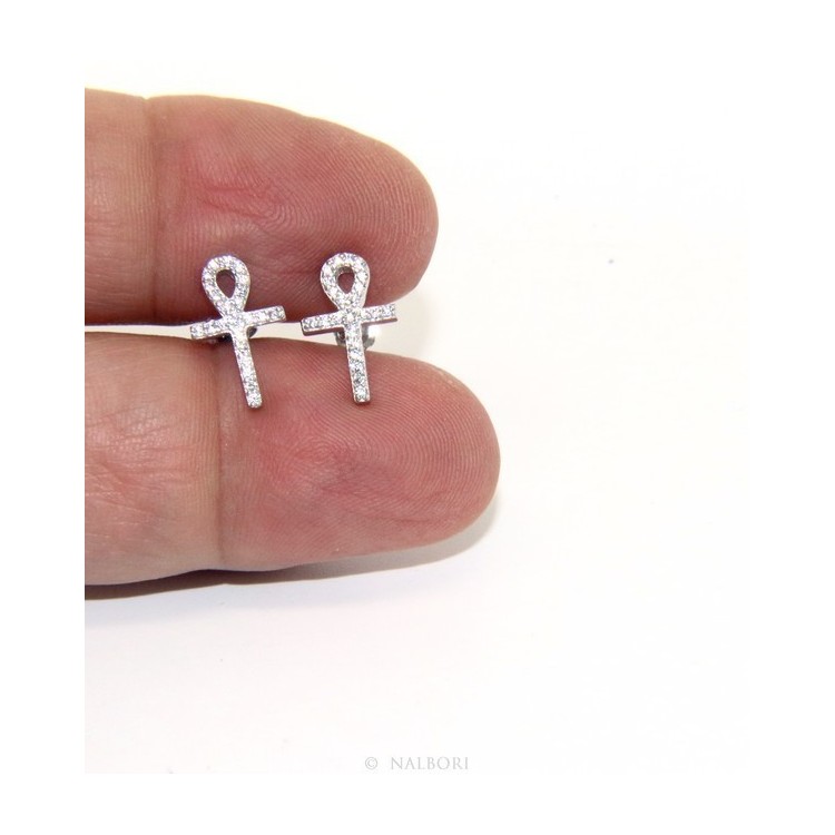 NLB|Earrings for women Egyptian key cross of life in 925 silver with white cubic zirconia stones