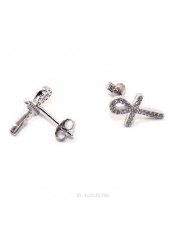 Earrings for women Egyptian key cross of life in 925 silver with white cubic zirconia stones