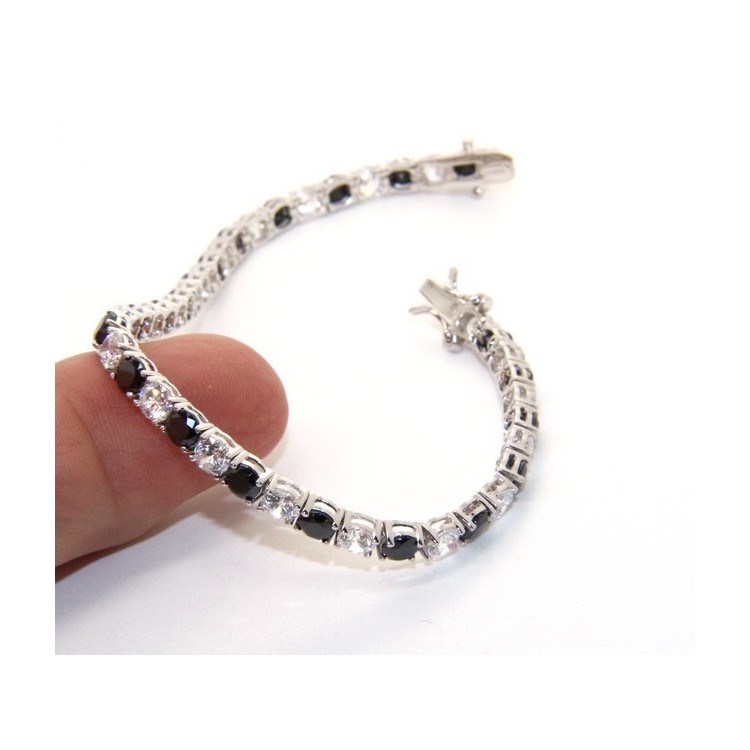 NLB|Woman's bracelet in 925 Sterling Silver Tennis model With black and white 4 mm 17.5 cm cubic zirconia jaws