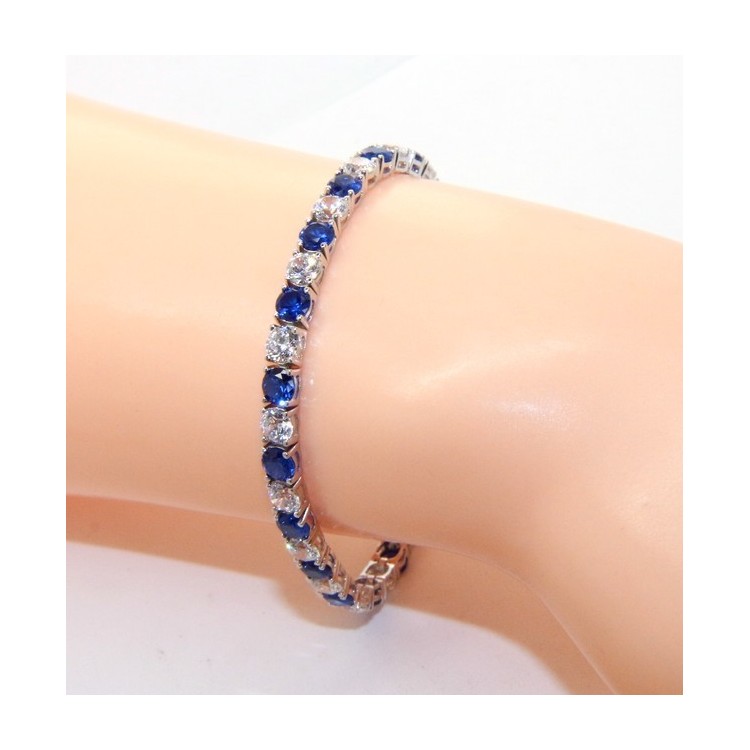 NLB|Woman's bracelet in 925 Sterling Silver Tennis model With blue sapphire and white 4 mm 17.5 cm cubic zirconia jaws