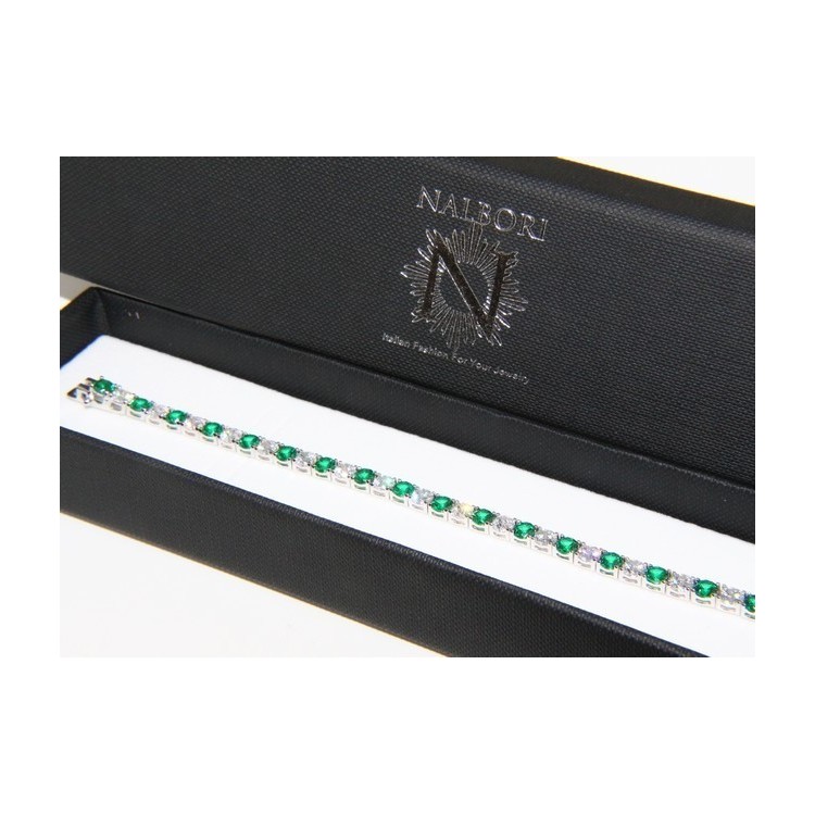 NLB|Woman's bracelet in 925 Sterling Silver Tennis model With emerald green and white 4 mm 17.5 cm cubic zirconia jaws