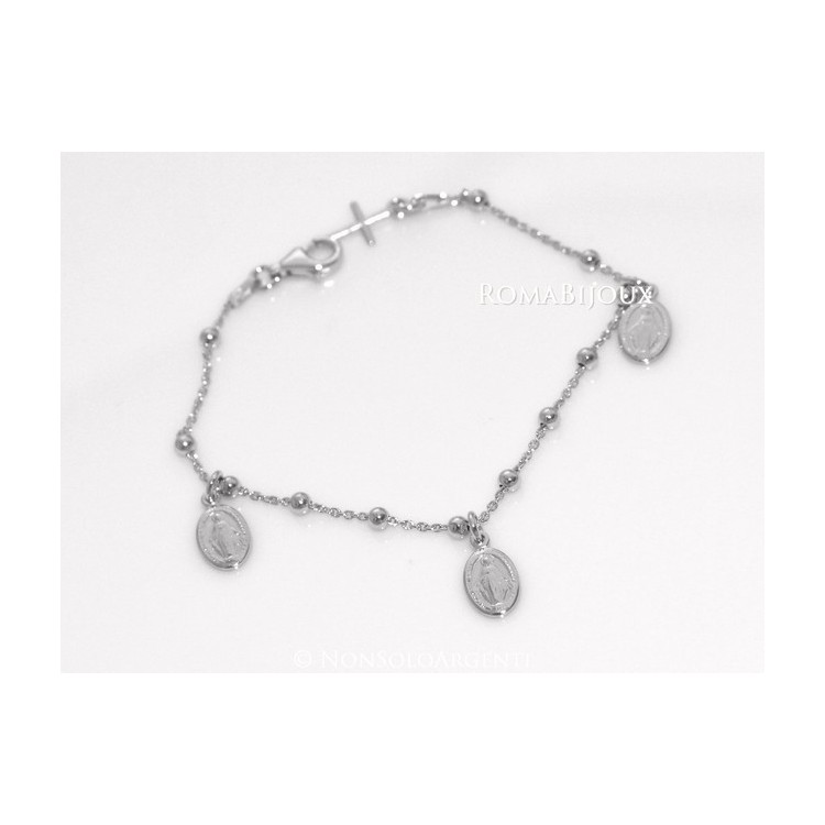 NLB|Bracciale rosario uomo o donna in Argento 925 con immagine madonnina 3 ciondoli e croce