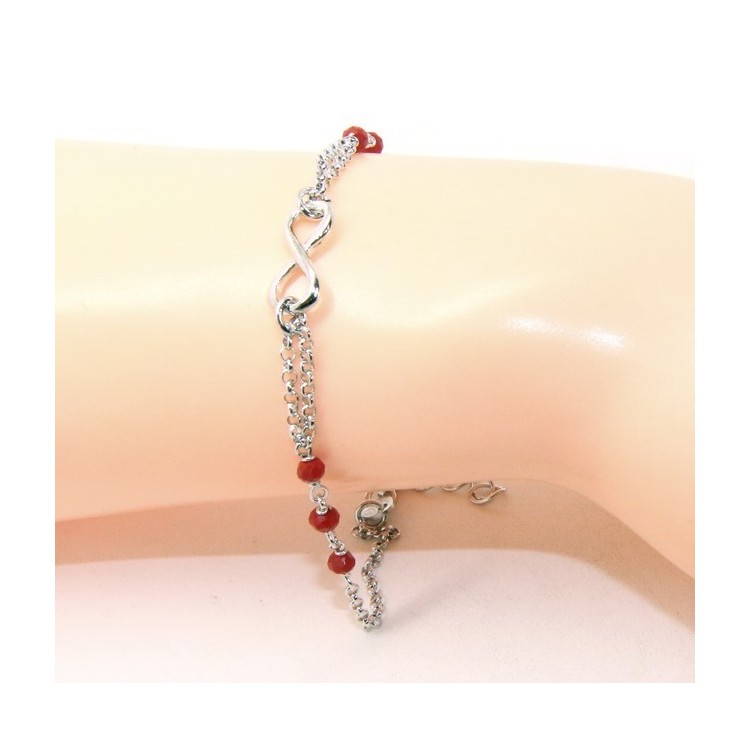 NLB|Bracciale uomo donna Argento 925 lavorazione a rosario cristallo rosso con 1 elemento infinito 17,50-19,50 cm