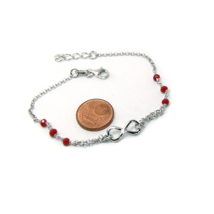 NLB|Bracciale uomo donna Argento 925 lavorazione a rosario cristallo rosso con 1 elemento infinito 17,50-19,50 cm