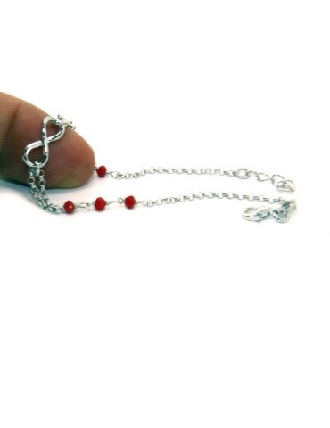 Bracciale uomo donna Argento 925 lavorazione a rosario cristallo rosso con 1 elemento infinito 17,50-19,50 cm