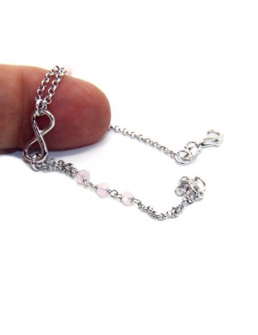 Bracciale uomo donna Argento 925 lavorazione a rosario cristallo rosa chiaro con 1 elemento infinito 15,00 -17,50 cm