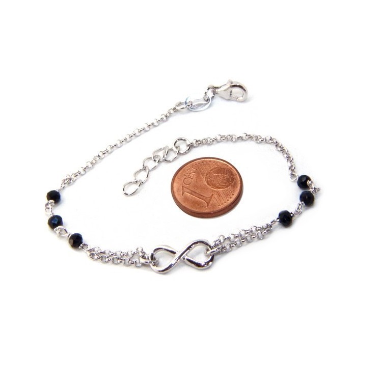 NLB|Bracciale uomo donna Argento 925 lavorazione a rosario cristallo nero con 1 elemento infinito 17,50-19,50 cm