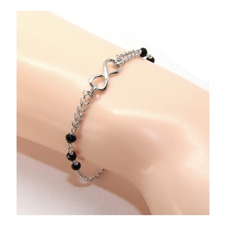 NLB|Bracciale uomo donna Argento 925 lavorazione a rosario cristallo nero con 1 elemento infinito 17,50-19,50 cm