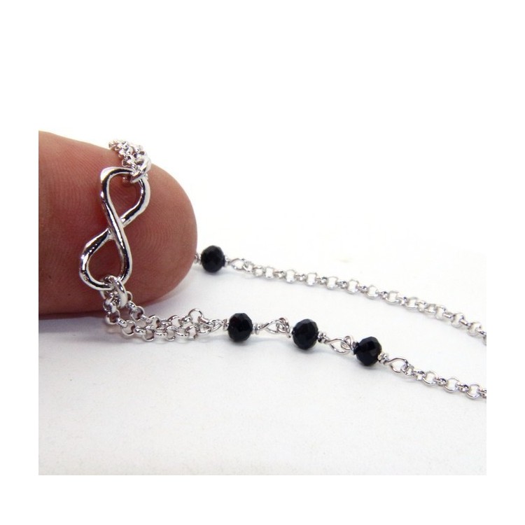 NLB|Bracciale uomo donna Argento 925 lavorazione a rosario cristallo nero con 1 elemento infinito 17,50-19,50 cm
