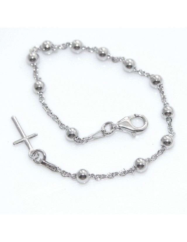 Bracciale rosario uomo o donna in Argento 925 croce liscia rod Oro bianco palline 4 mm mis 17 Bracciale rosario uomo o donna in Argento 925 croce liscia rod Oro bianco palline 4 mm mis 17