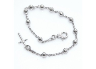NLB|Bracciale rosario uomo o donna in Argento 925 croce liscia rod Oro bianco palline 4 mm mis 17
