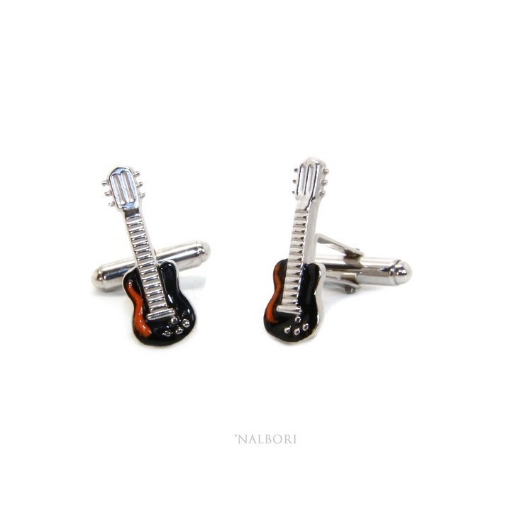 NLB|Mens Cufflinks for electric guitar shirt Silver 925 black enamel handmade