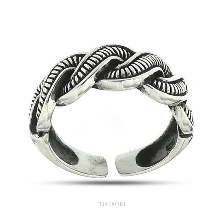 NLB|Argento 925 : Anello fede uomo donna fascia treccia intrecciato aperto regolabile scuro