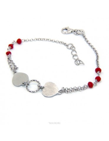 Bracciale uomo donna Argento 925 cristallo rosso con doppio cuore satinato e cerchio diamantato 18,00 - 20,50 cm