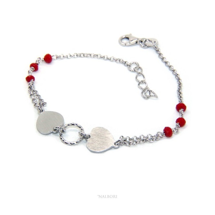 NLB|Bracelet man woman Silver 925 red crystal with double satin heart and diamond circle 18.00 - 20.50 cm