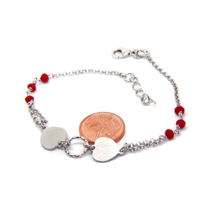 NLB|Bracelet man woman Silver 925 red crystal with double satin heart and diamond circle 18.00 - 20.50 cm