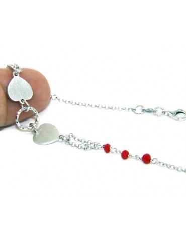 Bracciale uomo donna Argento 925 cristallo rosso con doppio cuore satinato e cerchio diamantato 18,00 - 20,50 cm